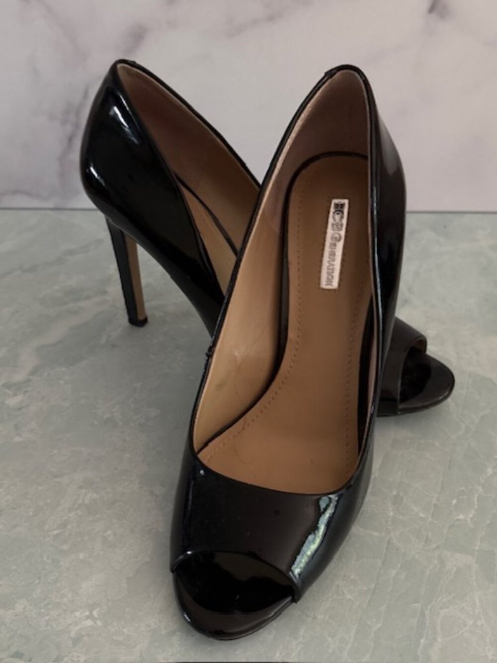 BCBG GENERATION Black Patent Peeptoe High Heels Size 8 Gorgeous!!